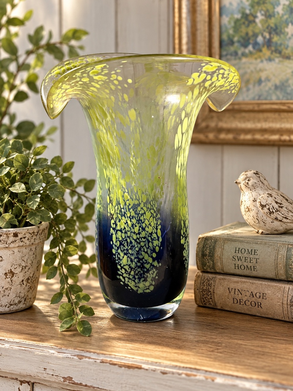 Handblown Glass Flared Vase in Lime Green and Deep Blue